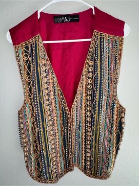 AJ 100% cotton bohemian-style multicolored beadwork vest. Size medium